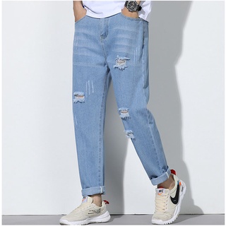 Quần jean rách nam nữ màu xanh baggy mặc hè