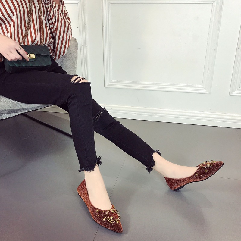 Giày Búp Bê Đế Bằng Đính Kim Sa Thời Trang Hàn Quốc Cho Nữ