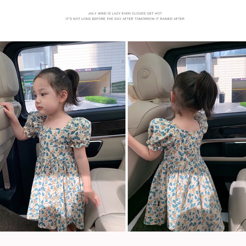 Đầm Công Chúa Tay Phồng In Họa Tiết Caro Và Hoa Dễ Thương Thời Trang Mùa Hè Cho Bé Gái