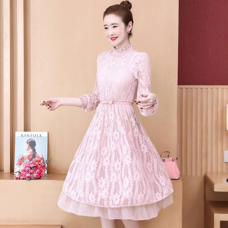 Váy ren cổ trụ kèm dây lưng xinh xắn