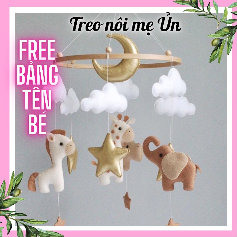 Đồ chơi treo nôi cho bé kích thích thị giác cho bé, tự xoay và phát nhạc mẫu Tê Giác và bạn tone nâu nhạt