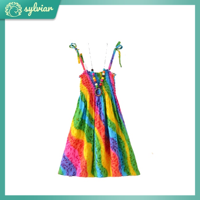 [sylviar] Đầm Công Chúa Đi Biển Xếp Ly Hai Dây + Vòng Cổ Nhiều Màu Sắc Bằng Cotton Cho Bé Gái