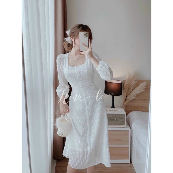 Đầm midi trắng voan phối bi cổ vuông xinh xắn tiểu thư