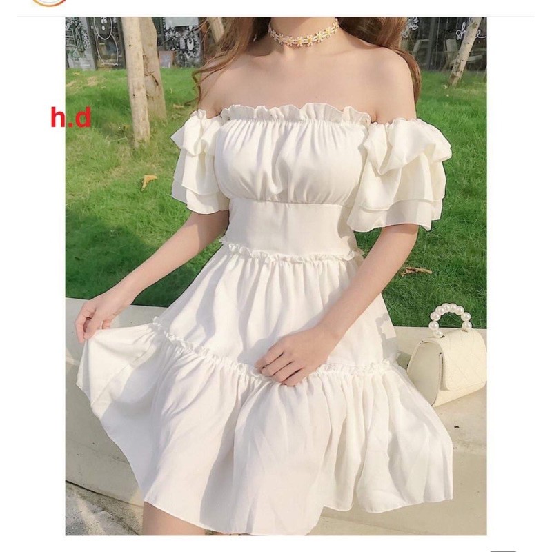 [RẺ VÔ ĐỊCH] Váy trễ vai cộc tay ba tầng - Đầm công chúa siêu hot