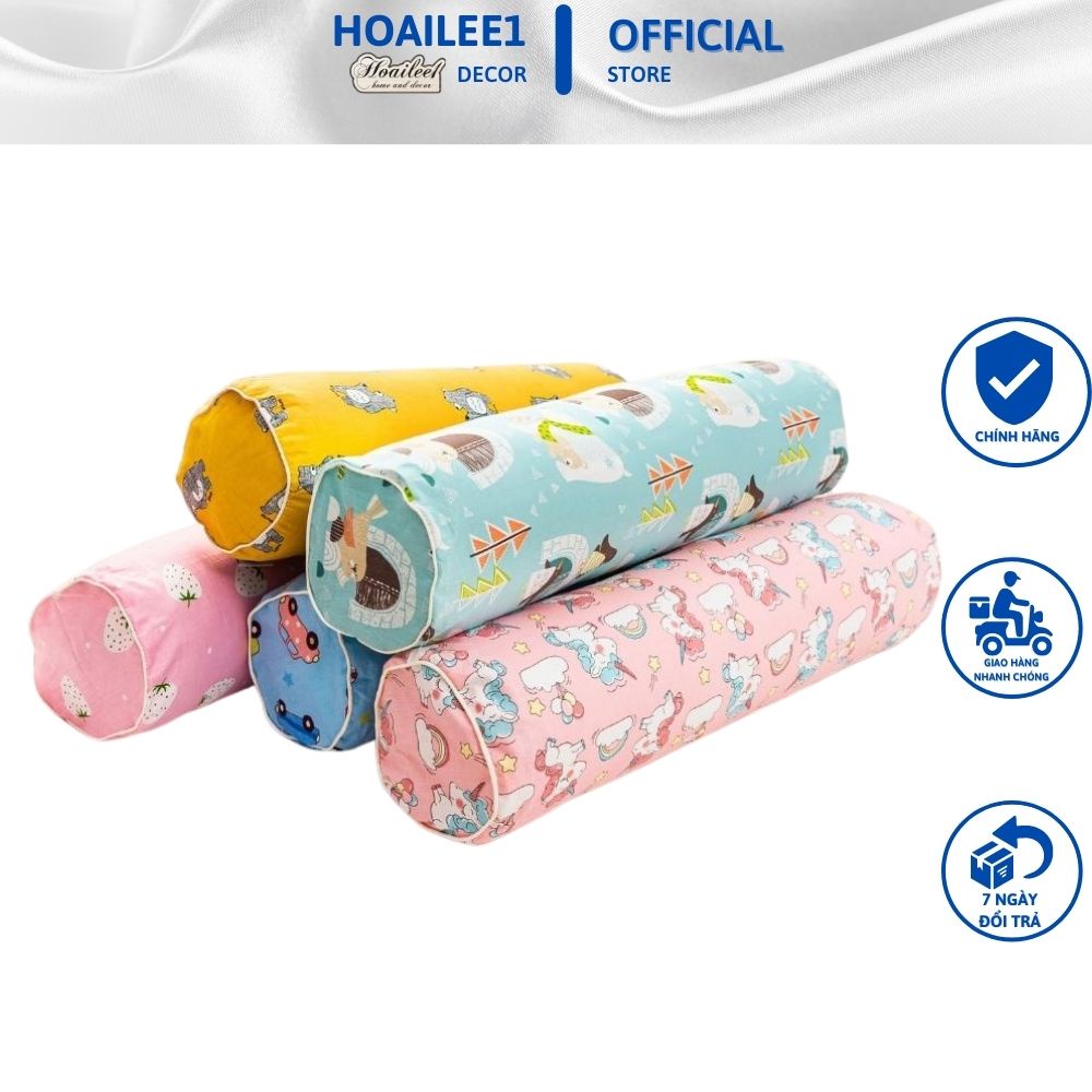 Gối ôm cho bé cotton 100%, vỏ gối ôm cho bé size 25x50 cm ruột gối bông gòn trắng