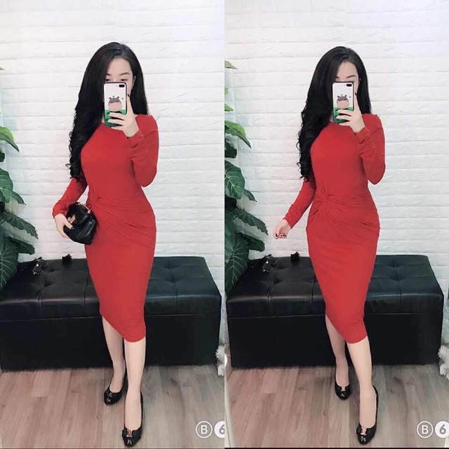 Váy xoắn eo dài tay hàng Thái 100%