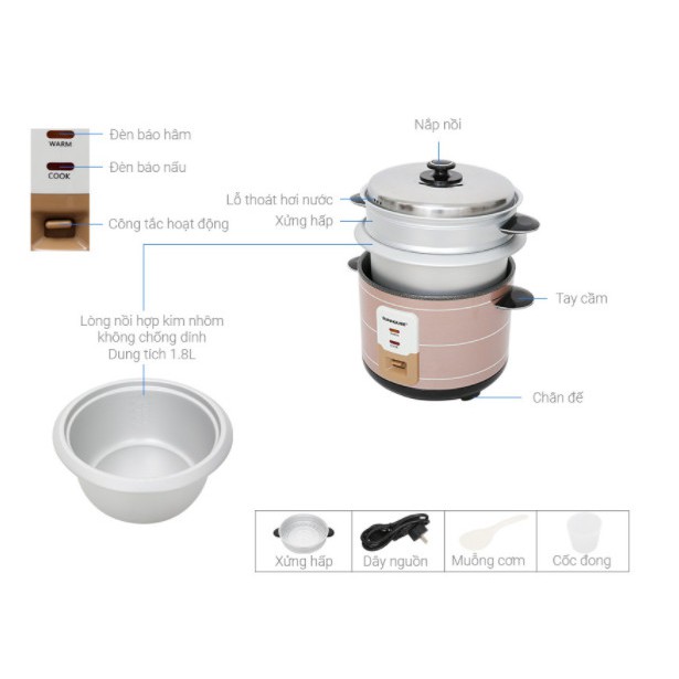 Nồi Cơm Điện Nắp Rời và có hấp xửng Sunhouse SHD8125 (1.8L) | BigBuy360 - bigbuy360.vn