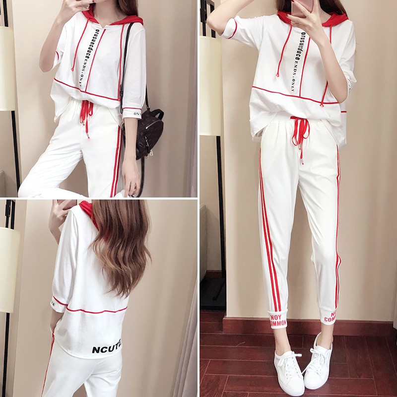 Bộ Áo Hoodie Phối Quần Dài Thể Thao Màu Đỏ / Đen Phong Cách Năng Động Thời Trang Mùa Thu Đông Cho Phụ Nữ  (Có Bán Lẻ)