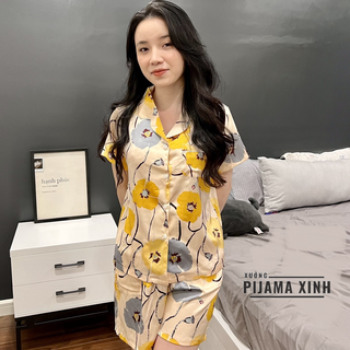 Pyjama Lụa Họa Tiết - Chất Latin Hoa Cao cấp Chất đẹp Đường may chuẩn, Bộ cộc quần ngắn
