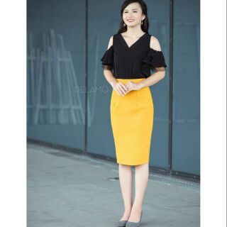 Chân váy bút chì truyền thống cao cấp màu vàng hoa cúc