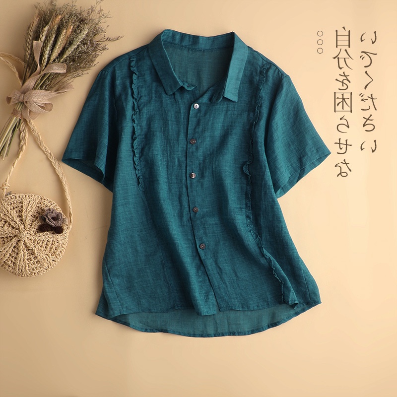 Áo sơ mi vải lanh cotton băng phối ren ngắn tay mỏng phong cách Nhật Bản