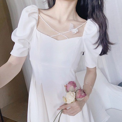 Đầm trắng nữ dáng dài cổ tim, váy trắng nữ tay lỡ chiết li eo dáng dài tiểu thư | BigBuy360 - bigbuy360.vn