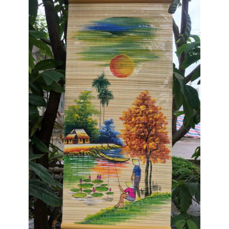 Tranh phong cảnh vẽ trên mành tre  treo tường đẹp