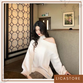 Áo len nữ trễ vai tay phồng form rộng, xẻ vai mềm mịn cao cấp LICA - A08