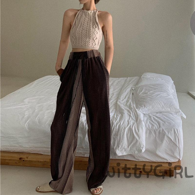 Áo Croptop Hai Dây Màu Sắc Trơn Kèm Quần Ống Rộng Lưng Cao Thời Trang Mùa Hè Cho Nữ