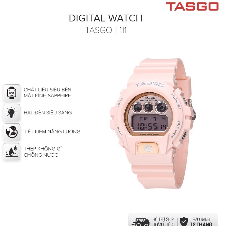 Đồng hồ thể thao nữ, đồng hồ điện tử TASGO dây đeo nhựa cao cấp mềm mại, chống nước tốt bảo hành 1 năm T111