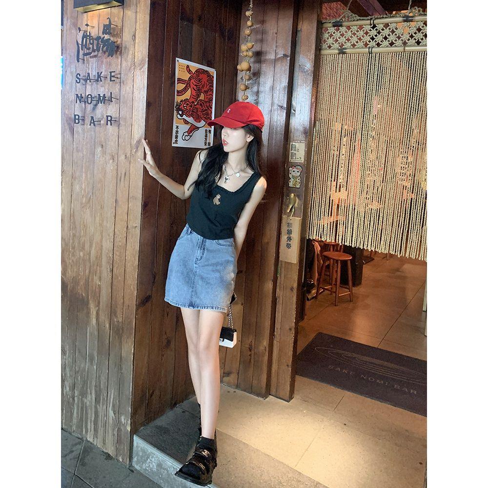 Zeng Xiaoxian Váy Denim Hai Dây Dáng Ngắn Eo Cao Thời Trang Xuân Hè Kiểu Đường Phố Ngọt Ngào