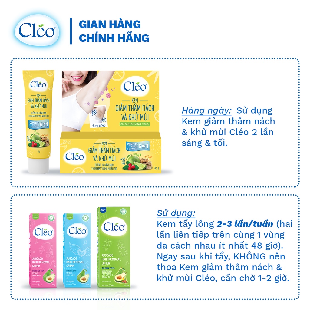 Bộ Tẩy lông toàn thân Cleo gồm kem tẩy lông da thường 50g, lotion tẩy lông 90ml và kem giảm thâm nách, khử mùi 35g