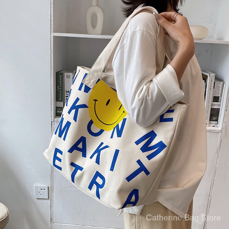 Túi Xách Khóa Kéo Vải Bạt Hình Mặt Cười Hoạt Hình Cỡ Lớn sc4241
