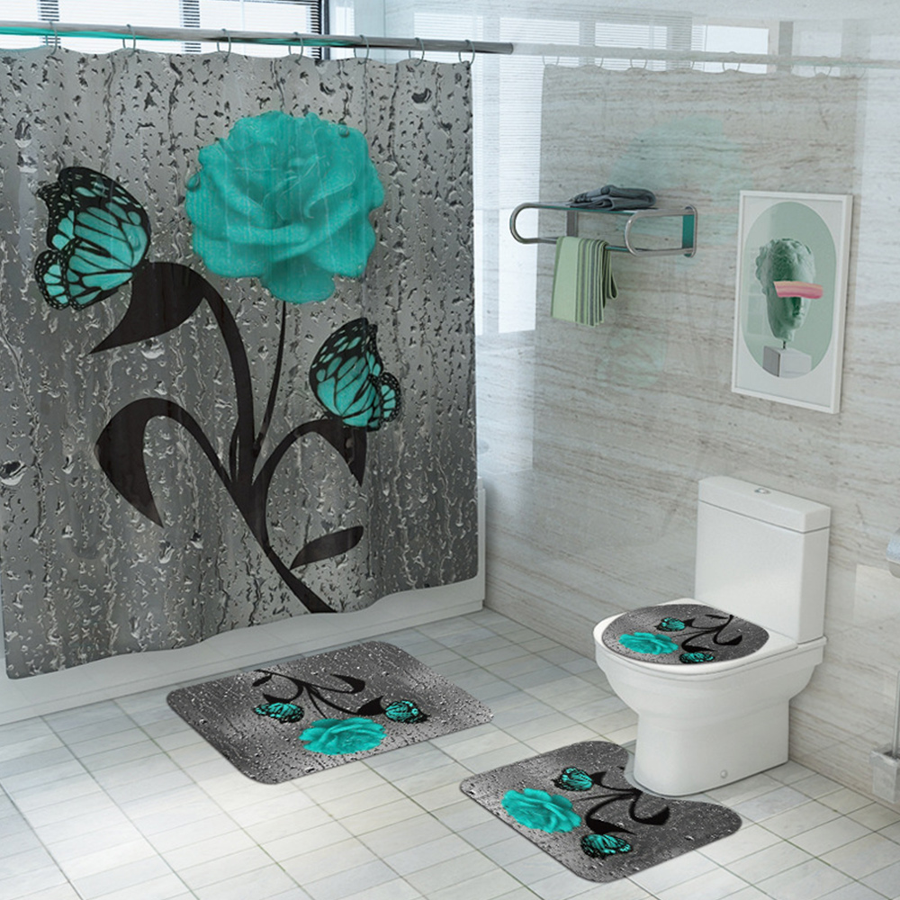 Bộ màn cửa chống nước và thảm lót sàn nhà tắm in họa tiết hoa cao cấp