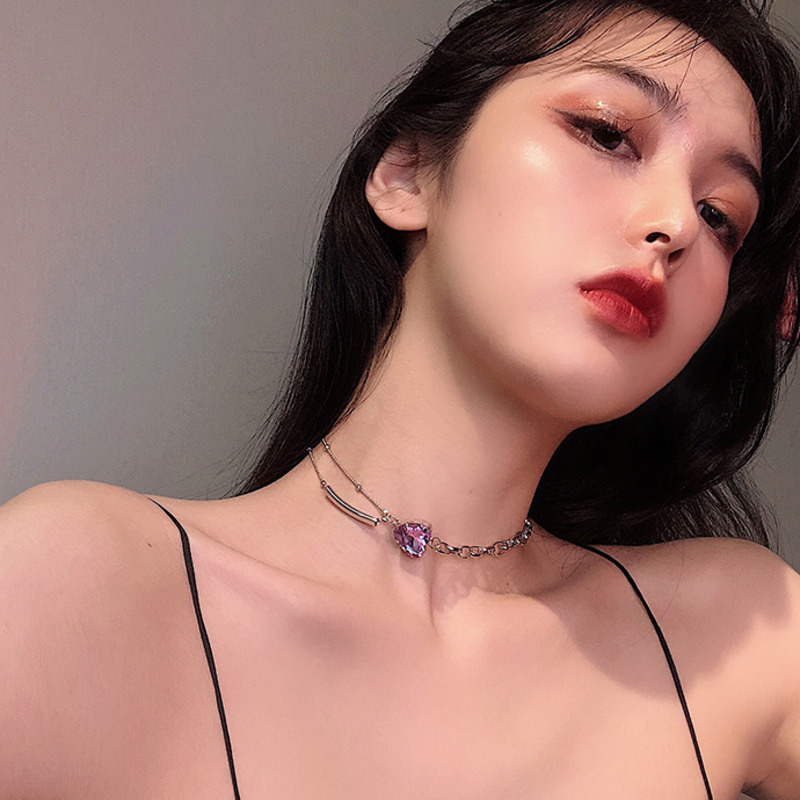 Dây chuyền 1022 mặt hình trái tim đính kim cương màu tím thời trang cá tính dễ phối đồ độc đáo