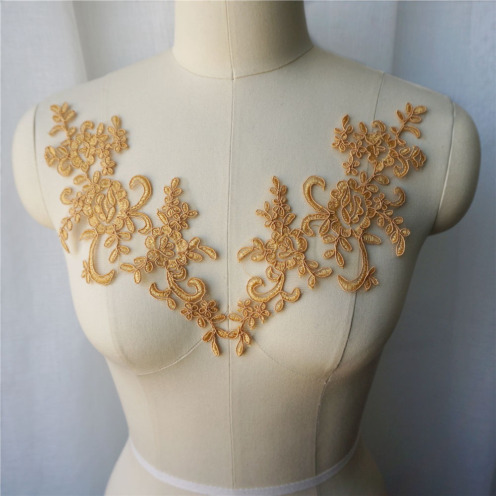 Set 2 Miếng Vải Ren Thêu Hoa Màu Vàng Dùng May Cổ Áo Cưới diy