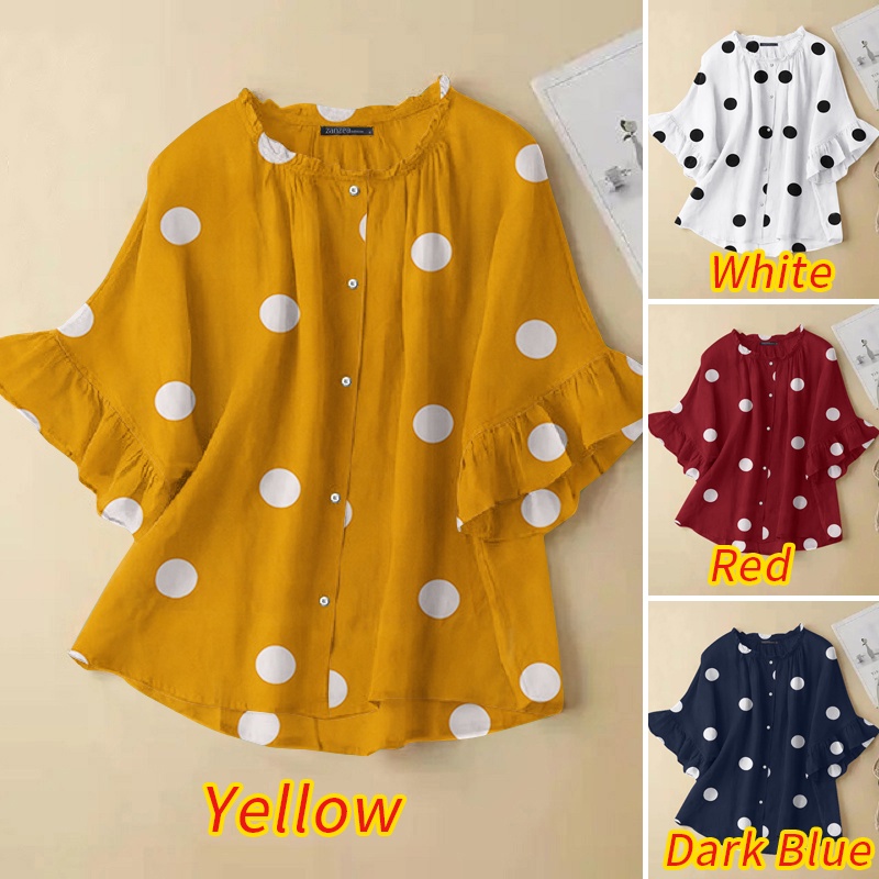 ZANZEA Áo Kiểu Cổ Tròn Tay 3 / 4 Họa Tiết Chấm Bi Phối Bèo Thời Trang Cho Nữ