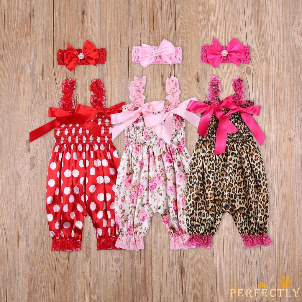 Jumpsuit sát nách hoạ tiết chấm bi / hoa / da báo + băng đô co giãn đáng yêu dành cho bé gái