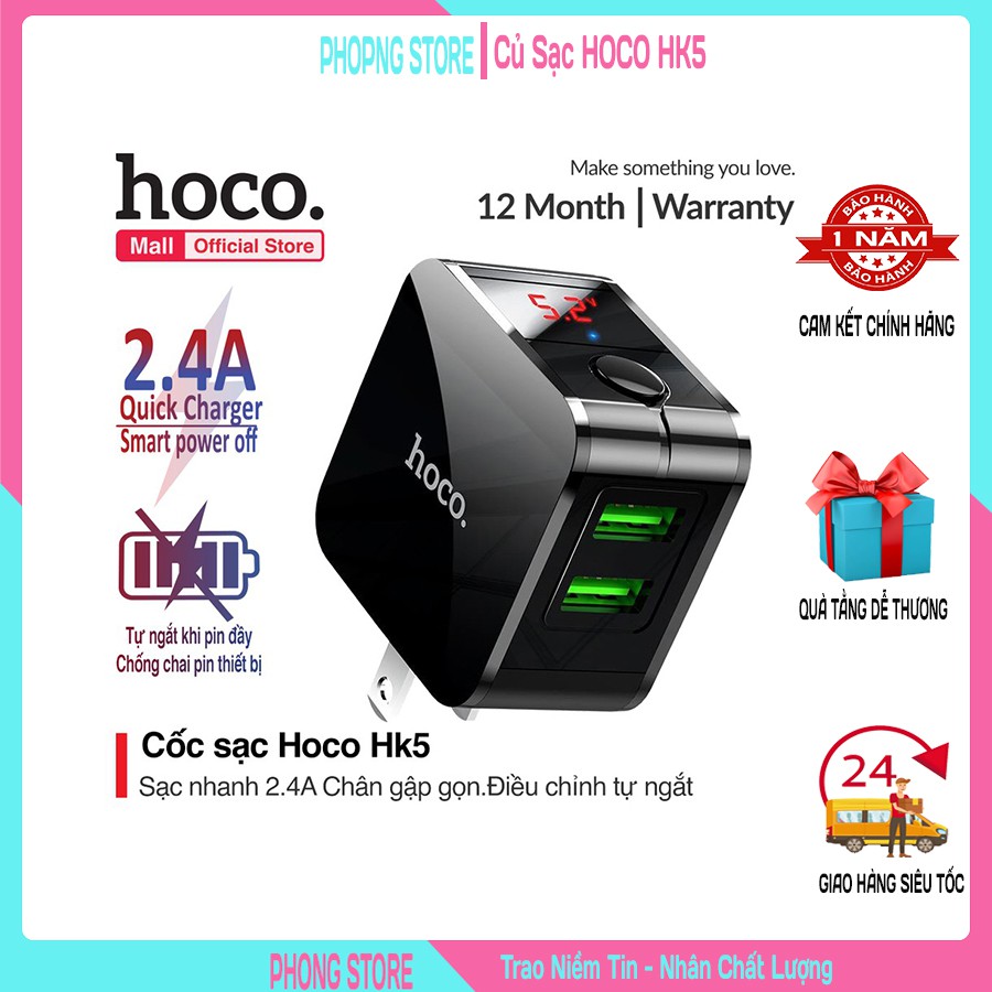 Củ Sạc Nhanh Hoco HK5 Tự Ngắt Thông Minh Khi Đầy Pin | 2 Cổng USB 2.4A | Có Điện Led Báo Dòng Điện Sạc