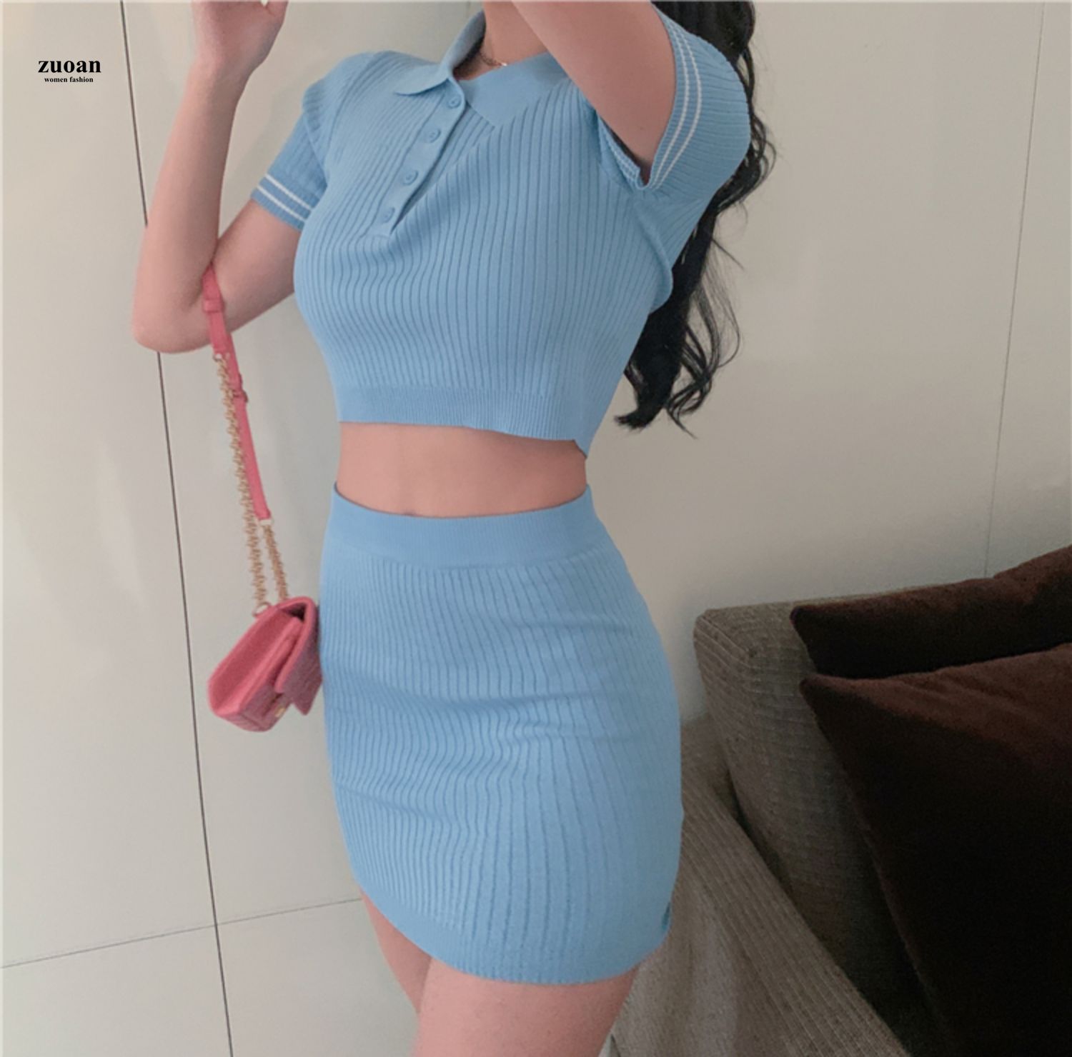 Bộ Áo Dệt Kim Kẻ Sọc + Chân Váy Lưng Cao Thời Trang Mùa Hè Cho Nữ | BigBuy360 - bigbuy360.vn