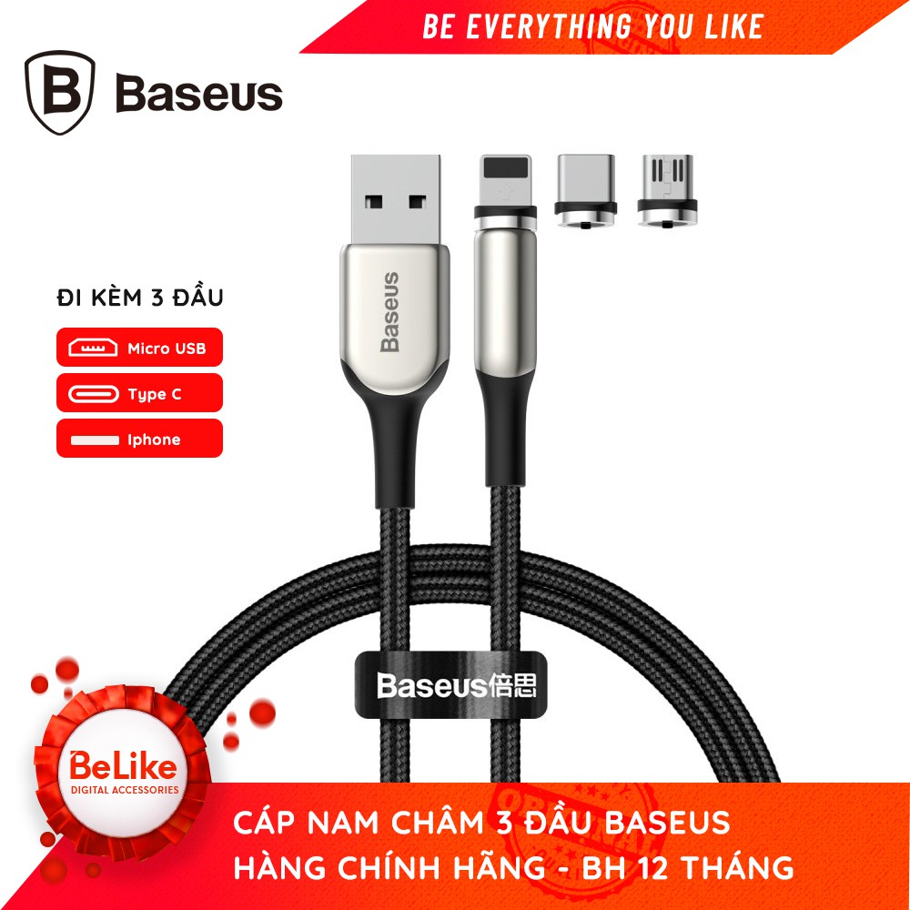 Cáp Sạc Nam Châm 3 Đầu Micro USB/Lightning/TypeC Baseus TZCAXC-F01 Báo Sạc Led - BH 12 Tháng