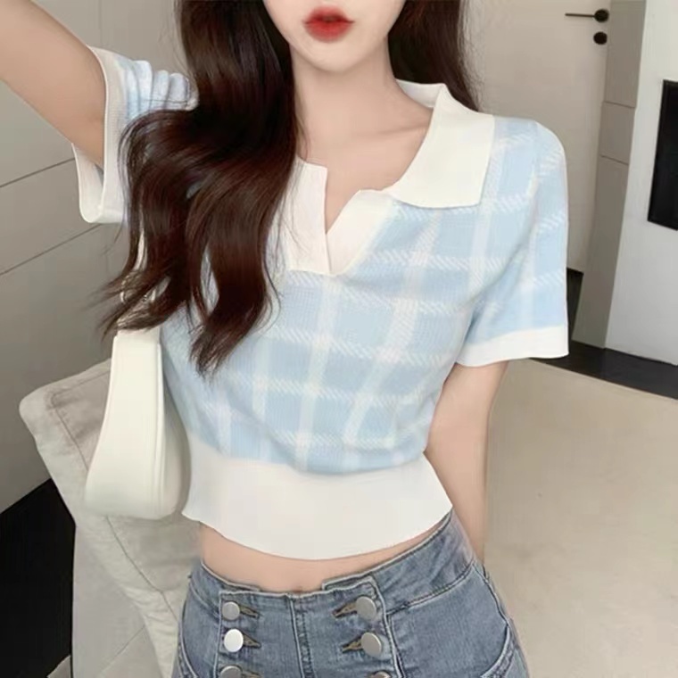 NZN Áo Thun polo Ngắn Tay Họa Tiết Caro Phong Cách Hàn Quốc Dành Cho Nữ