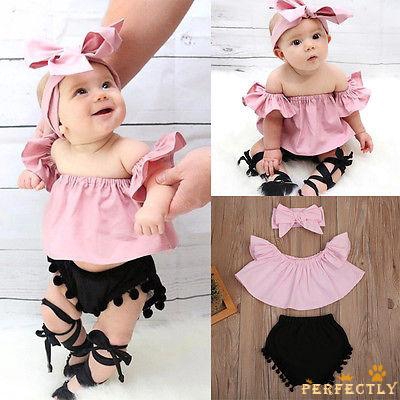 Set Áo Trễ Vai + Quần Short + Băng Đô Kẻ Sọc Cho Bé Gái