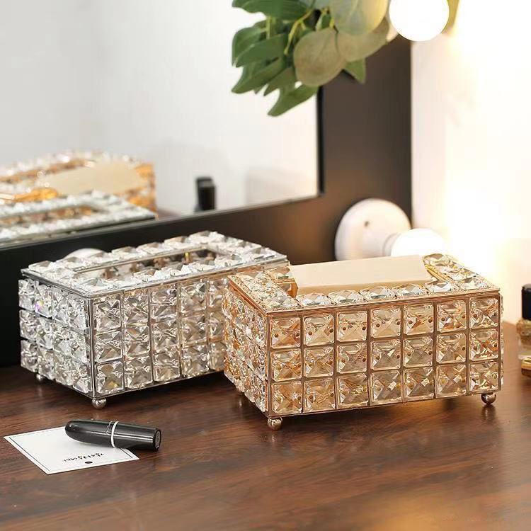 Hộp khăn giấy pha lê mạ vàng lấp lánh sang trọng để bàn ăn, bàn trà trang trí nội thất Anhome HPL-01