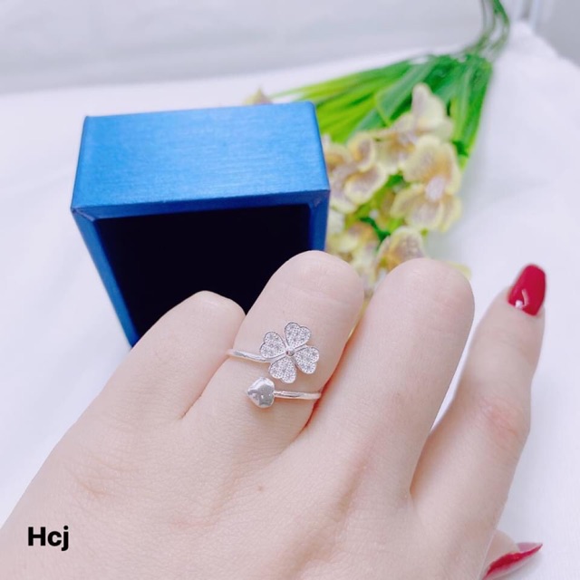 NHẪN NỮ MẶT CỎ 4 LÁ DÁNG HỞ FREE SIZE - CHẤT LIỆU BẠC TA