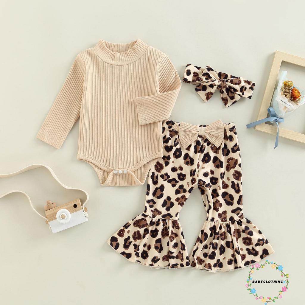 Set Áo Liền Quần + Quần Dài Họa Tiết Da Báo + Băng Đô Nơ Đáng Yêu Cho Bé Gái