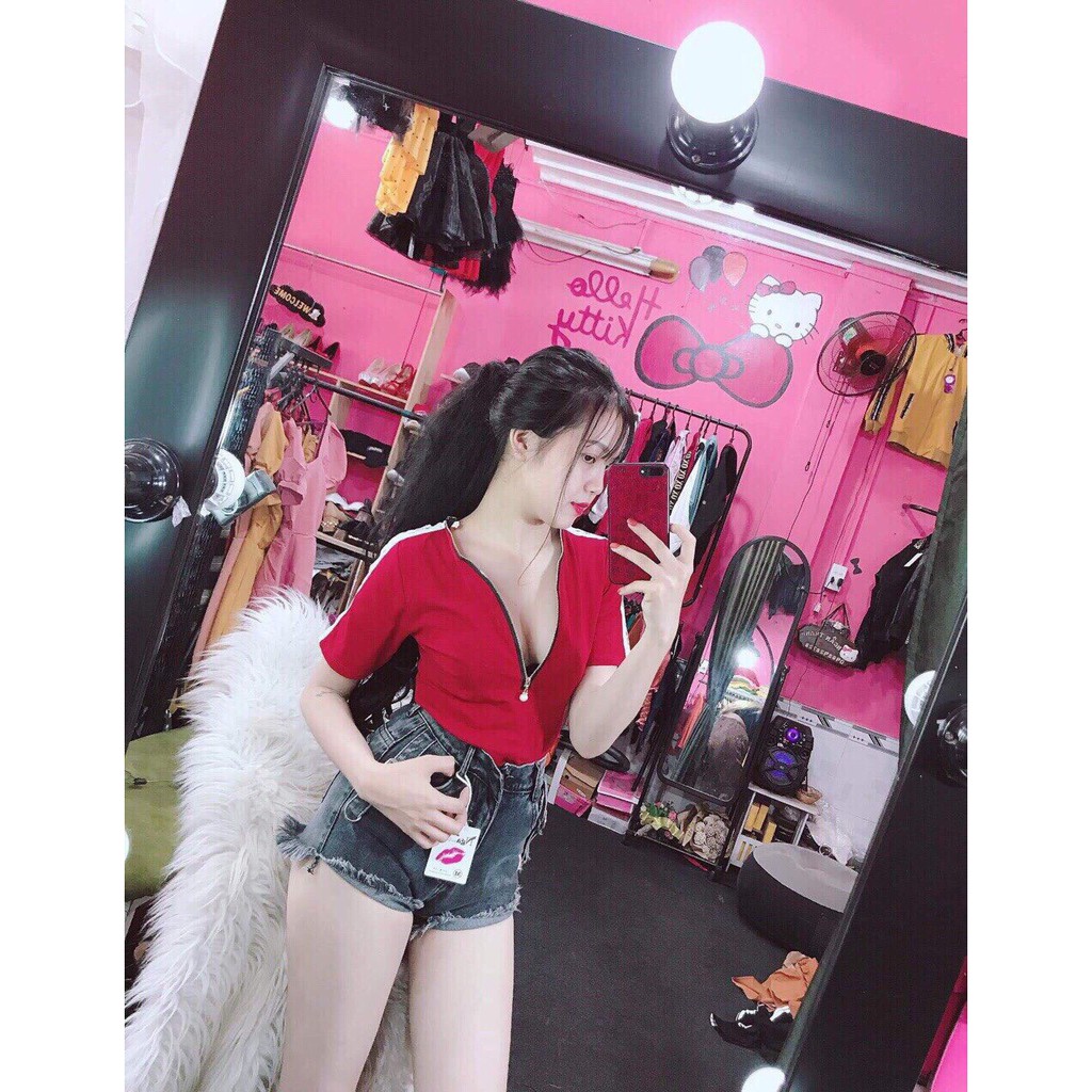 Áo thun tay ngắn phối dây kéo ngực sexy hot hit