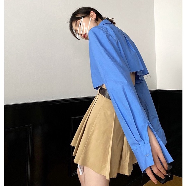 Áo sơ mi croptop nữ Luala kiểu độc lạ màu xanh chất liệu dày dặn, mịn, mát phong cách Hàn Quốc màu trơn Freesize