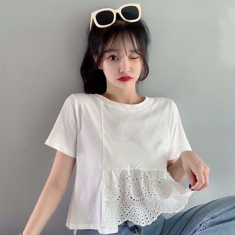 TT-shirt Short-SleeveTT-shirt Cut-outTT-shirt  Sweet and Salty Adorable Fashion Women's Wear Thin Looking Cool Irregular Hollow-out Stitching Short SleeveTT-shirt Top Women's