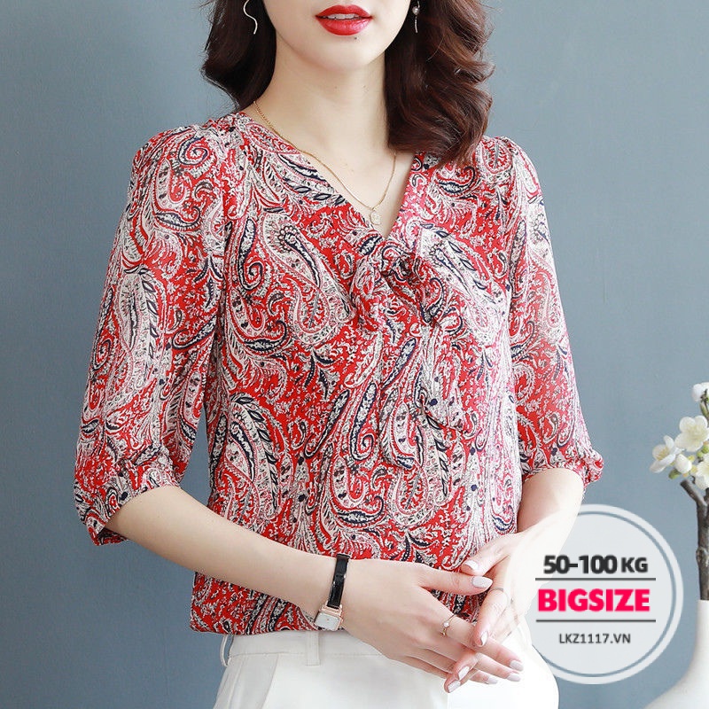 Áo kiểu trung niên nữ Bigsize Áo sơ mi voan nữ trung niên cho mẹ hoa nhí cổ chữ v mùa xuân hè Phong cách hàn quốc Thời Trang trẻ trung sang trọng đẹp cao cấp