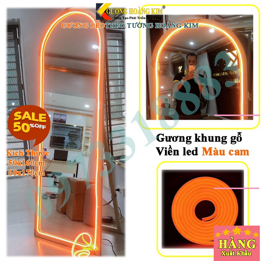 Gương soi toàn thân khung gỗ trang điểm treo tương có chân đèn led cảm ứng và di động giá rẻ 50x160,60x170cmonghoangkim