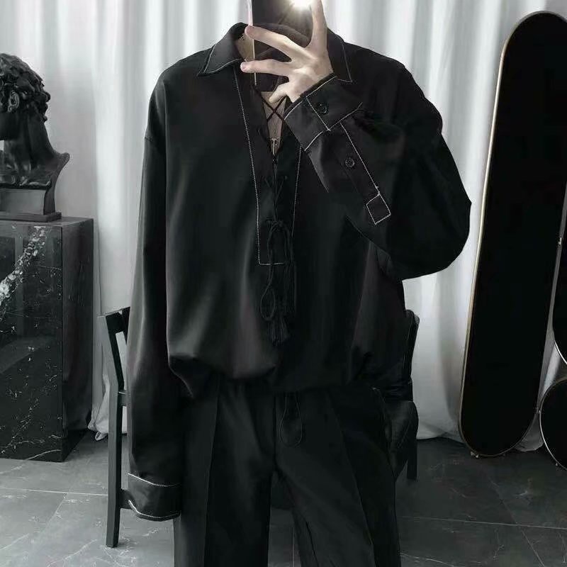 Áo Sơ Mi Tay Dài Màu Đen Thiết Kế Dây Rút Phong Cách Hàn Quốc Thời Trang Cho Nam