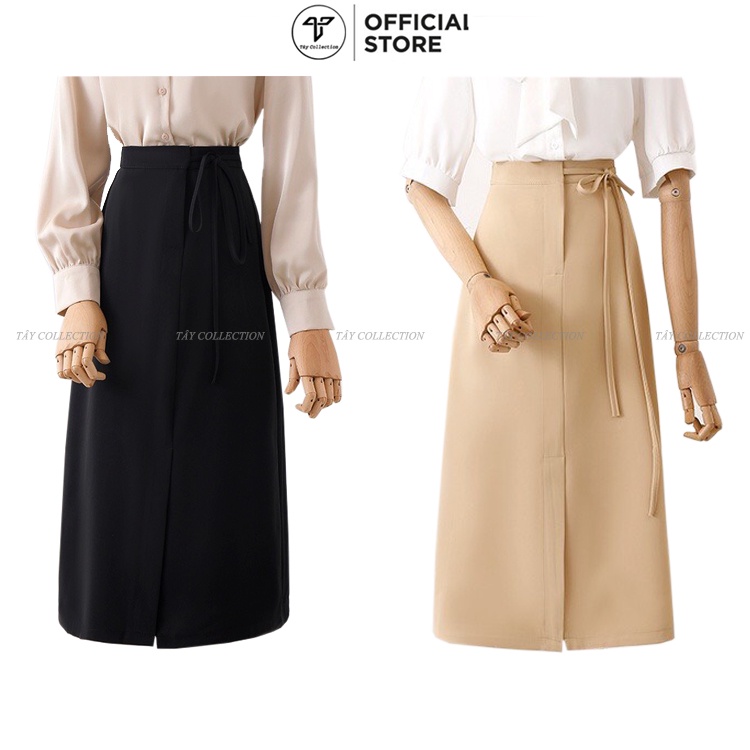 Chân váy midi chữ A phối nơ TÂY COLLECTION dài 60cm qua gối