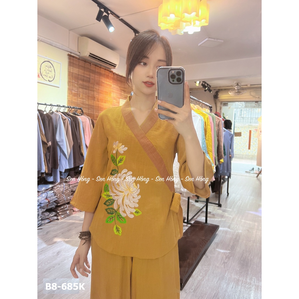 Quần áo đi chùa thiết kế # đồ lam sang trọng # mẫu Phật tử vải Đũi Hàn dày đẹp thêu hoa cúc B8