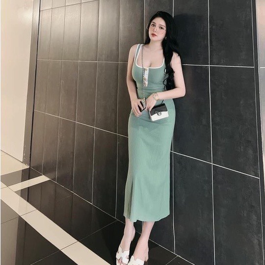 Đầm gân body nữ dáng dài maxi kiểu 2 dây ba lỗ phối nút gài viền màu hot