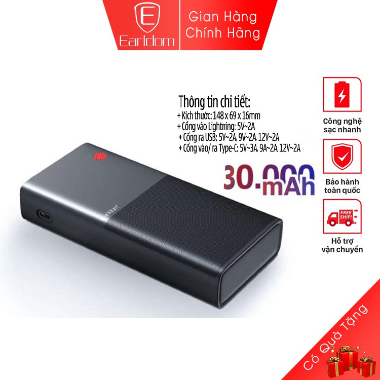 SẠC DỰ PHÒNG SẠC NHANH 30.000MAH EARLDOM PD-06-thiết kế 2 cổng vào là micro và lightning cho phép sạc nhanh 2a