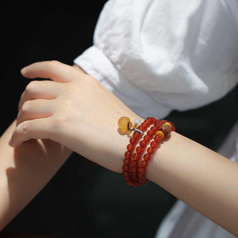 [Hàng Mới] Vòng Đeo Tay Mã Não Ba Vòng Phong Cách Dân Tộc Retro Dạng Chuỗi Hạt Táo
