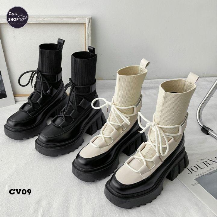 [Hàng Sẵn] [Ảnh Thật] [Freeship] Giày Bốt Nữ Cổ Vừa Phối Thun Nữ Tính - CV09