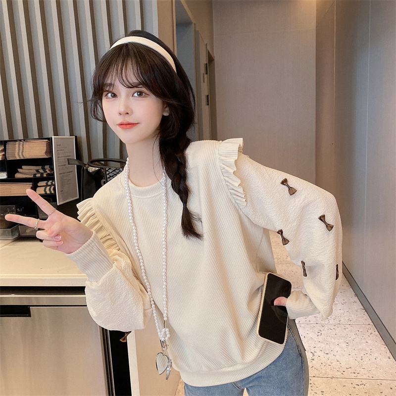 Porozi  Áo sweater dệt kim cổ tròn tay phồng dài phong cách Hàn Quốc xinh xắn cho nữ