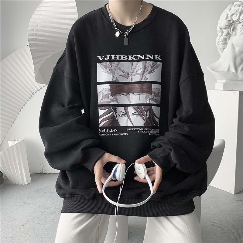 Áo sweater tay dài cổ tròn dáng rộng in họa tiết hoạt hình kiểu Hồng Kông thời trang mùa thu cho nam 2021